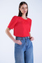 Red Crew Neck Blouse with Lace Detail on Sleeves and Collar Alc-X15093