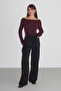 Siyah Bordo Çizgili Beli Lastikli Wideleg/Geniş Paça  Dokuma Pantolon TWOAW26PL00174 - 6