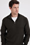 Men's slim fit tapered stand collar zip-up dark khaki sweater