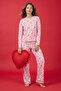 Pembe-Çok Renkli %100 Pamuklu Kalpli Biye Detaylı Örme Pijama Takımı THMAW25PT00191