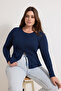 Lacivert Düğme Detaylı Crop/Kısa Ribana Örme Büyük Beden Bluz TBBSS26AF00010 - 2