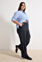 Lacivert  Çizgili Lastik Belli Wide Leg Büyük Beden Kumaş Pantolon TBBSS26AR00008 - 2