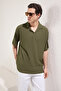 Haki Oversize/Geniş Kesim Bürümcük Dokulu Polo Yaka T-Shirt TMNSS25PO00018
