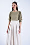 Khaki Crew Neck Balloon Sleeve Cropped Blouse Alc-X15096 - 2