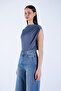 Women's Indigo Stand Collar Shoulder D Draped Transparent Blouse Alc-X15151 - 5