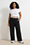 Siyah Beli Poplin Detaylı Bağcıklı Wide Leg Büyük Beden Eşofman Altı TBBSS26AJ00001