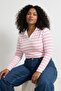 Pembe Polo Yaka Çizgili Crop Boy Örme Büyük Beden Bluz TBBAW26AF00109