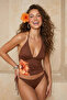 Kahverengi Çiçek Desenli Bağlamalı Tankini Kaplı Normal Bel Brazilian Bikini Takımı TBESS26BT00008