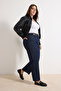 Koyu Mavi Paçası Kesikli Yüksek Bel %100 Pamuk Non-Stretch Straight Fit Jeans TBBAW26CJ00039 - 2