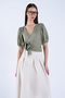 Green Balloon Sleeve Double Breasted Waist-Tied Blouse Alc-X15130