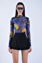 Navy Blue High Collar Digital Printed Transparent Blouse Alc-X15125