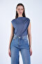 Women's Indigo Stand Collar Shoulder D Draped Transparent Blouse Alc-X15151 - 3