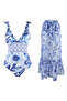 Floral Pattern Covered Deep V-Neck Regular 2-Piece Suit Skirt Swimsuit Tbess26Ma00032