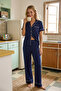 Navy Blue Piped Pocket Detailed Viscose Knitted Pajama Set Thmss26Pt00047