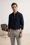 Lacivert Loose Fit Dokulu Fermuarlı Uzun Kol Polo Yaka T-shirt TMNSS26PO00002 - 2
