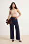 Koyu Lacivert Yüksek Bel Wide Leg/Geniş Paça Pilili Dokuma Kumaş Pantolon TWOAW21PL0076