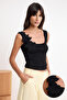 Siyah Kare Yaka Çiçek Detaylı Fitted Triko İnce Bluz TWOSS26BZ00287