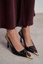 Viper Black Patent Leather Gold Framed Stone Accessory Detail Pointed Toe Women's Heeled Shoes - 7