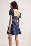 Mavi V Yaka Balon Kol Mini Denim Elbise TWOSS26EL00272 - 5
