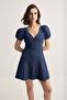 Mavi V Yaka Balon Kol Mini Denim Elbise TWOSS26EL00272 - 3