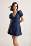 Mavi V Yaka Balon Kol Mini Denim Elbise TWOSS26EL00272 - 4