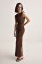 Brown Drape/Ruched Detailed Padded Slit Plain Maxi Knitted Dress Twoss26El00246 - 3