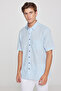 Men's Light Blue Comfort Fit Relaxed Cut Button Collar Linen Look 100% Cotton Short Sleeve Shirt - 3