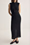 Black Deep-Cut Button Detailed Knitted Lined Dress Tprss26El00085 - 5