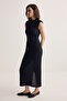 Black Deep-Cut Button Detailed Knitted Lined Dress Tprss26El00085 - 3