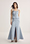 Açık Mavi Dikiş Detaylı Yırtmaçlı Az Esnek Maxi Denim Etek TWOSS26ET00093 - 3
