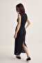 Black Deep-Cut Button Detailed Knitted Lined Dress Tprss26El00085 - 6