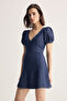 Mavi V Yaka Balon Kol Mini Denim Elbise TWOSS26EL00272
