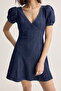 Mavi V Yaka Balon Kol Mini Denim Elbise TWOSS26EL00272 - 2
