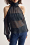 Navy Blue Polka Dot Pattern Transparent Detailed Woven Blouse Twoss26Bz00456 - 4
