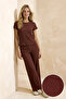 Kahverengi %100 Pamuklu Baby Overloklu Fitilli/Pointel Örme Pijama Takımı THMSS26PT00012
