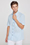 Men's Light Blue Comfort Fit Relaxed Cut Button Collar Linen Look 100% Cotton Short Sleeve Shirt