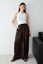 Kahverengi Beli Lastikli Extra Wide Leg/Geniş Paça Saten Pantolon TWOSS26PL00147 - 3
