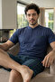 Navy Blue Plaid Line Edge Detailed Short Sleeve Men's Pajamas Set with Shorts - 2