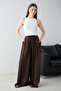 Kahverengi Beli Lastikli Extra Wide Leg/Geniş Paça Saten Pantolon TWOSS26PL00147 - 4