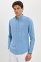 Men's Slim Fit 100% Cotton Buttoned Collar Flam Linen Blue Shirt - 4