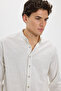 Men's Relax Fit Comfortable Cut 100% Cotton Striped Long Sleeve Linen Effect High Collar Shirt - 3