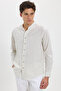 Men's Relax Fit Comfortable Cut 100% Cotton Striped Long Sleeve Linen Effect High Collar Shirt