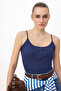 Navy Blue Plain Fitted Pool Collar Spaghetti Strap Sleeveless P Cotton R Rib Knit Knitted Undershirt Twoss26Al00034 - 5