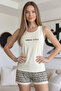 Cream Urban Style Patterned Women's Knitted Pajama Set with Zero Sleeve Shorts - 5