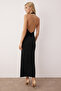 Siyah Düz Büzgü / Drape Midi Burgu Detaylı Esnek Örme Elbise TWOSS25EL00676 - 8