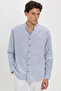 Men's Relax Fit Comfortable Cut 100% Cotton Striped Long Sleeve Linen Effect High Collar Navy Blue Shirt