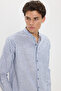 Men's Relax Fit Comfortable Cut 100% Cotton Striped Long Sleeve Linen Effect High Collar Navy Blue Shirt - 7