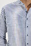 Men's Relax Fit Comfortable Cut 100% Cotton Striped Long Sleeve Linen Effect High Collar Navy Blue Shirt - 4