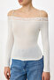 Ecru Plain Fitted Carmen Collar Transparent Lace Detailed Soft Knitted Blouse Twoss26Bz00704 - 3