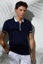 Men's Slim Fit Slim Fit 100% Cotton Plain Pique Zippered Navy Blue Polo Collar T-Shirt